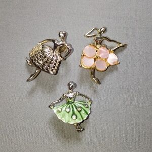 3 Vintage Gold Tone Ballerina Dancer Pearly Dress Green Dress Brooch Pin